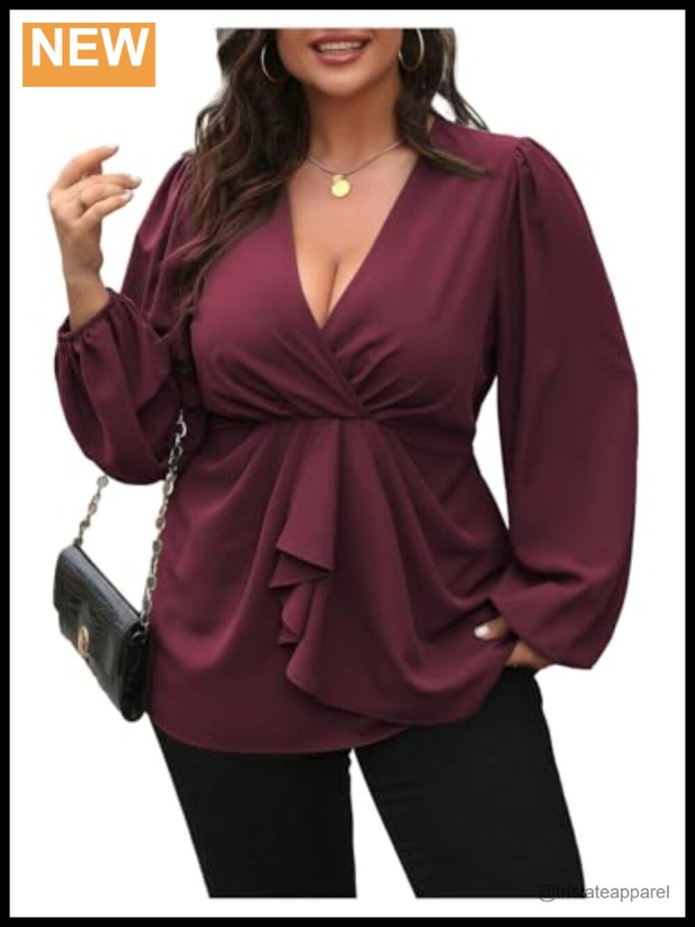 Plus Size Wrap V Neck Lantern Sleeve Peplum Ruffle Blouse